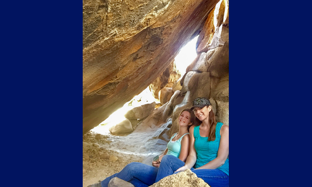 Haley and Jena inside old Kumeyaay Indian dwelling site outside of Anza Borrego state park in San Diego County.