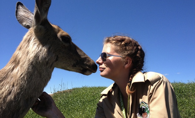 Trainer Serena Bos with Mule Deer, Mari Jegou at Discovery Wildlife Park.