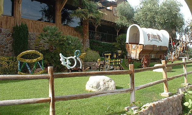 exterior of a gambling hall with decorations out front