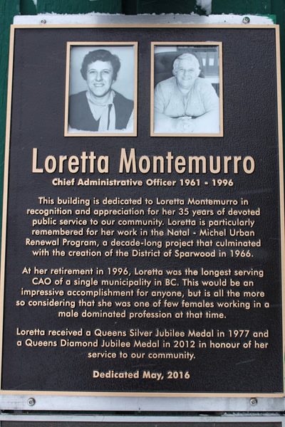 Loretta Montemurro is responsible for the founding of Sparwood. She helped with the relocation of mining families from Michel-Natal.