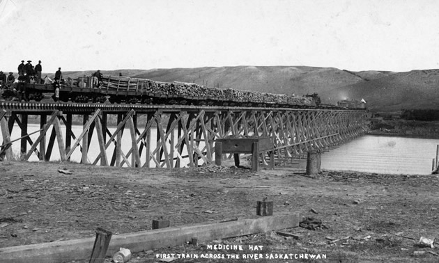 The first train across South Saskatchewan River on June 10, 1883, was carrying logs.