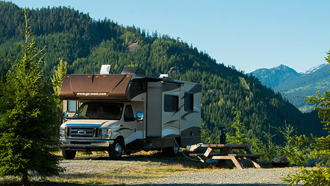 Picture of RV parked by mountainside.