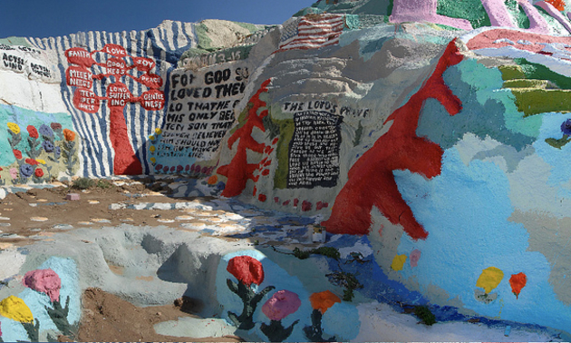 A creative piece of artwork shows various Biblical messages and positive words for visitors to read, such as