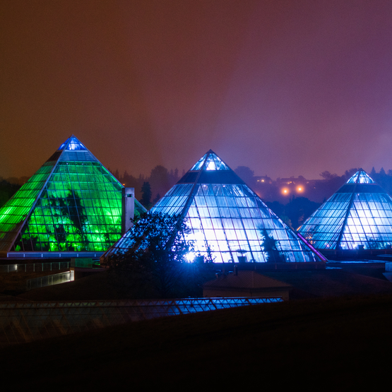 The pyramid shaped conservatory buildings at night, all lit up 