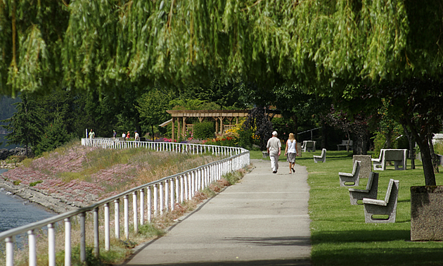 people walking on the waterfront boardwalk