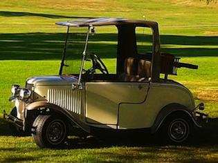 Golf cart customized to look like a 1930s Ford.