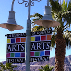 Palm trees, mountains and banners
