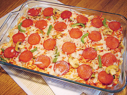 Pizza pasta in a cake pan