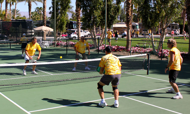 Participants in the Sunshine Invitational Charity Event in Indio, California, play pickle-ball to raise money for cancer research. 
