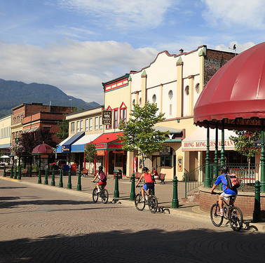 A summer street scene of Revelstoke, B.C.