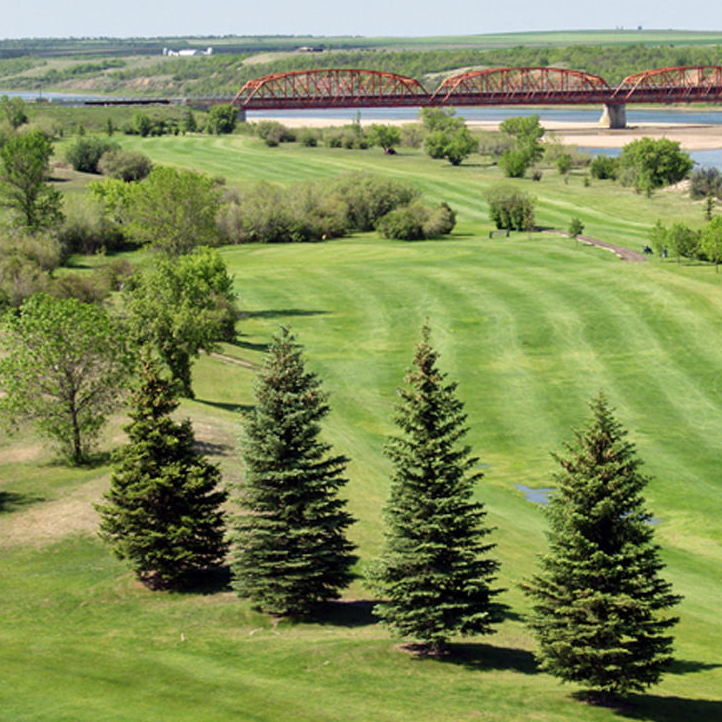 The Riverview Golf Course is shown with  Outlook's famous bridge in the background.