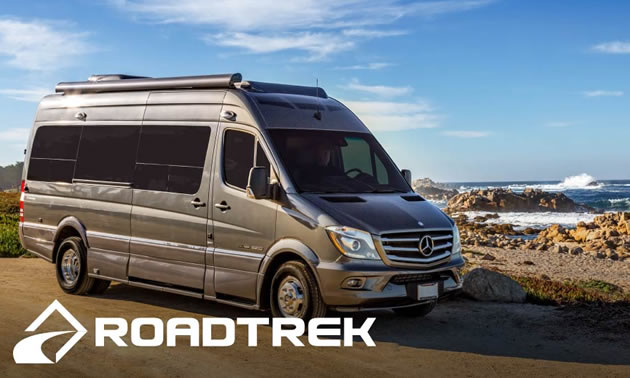 Roadtrek brand logo and picture of van. 