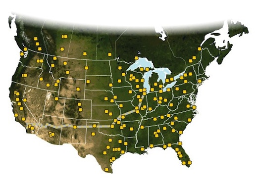 map of U.S. and Canada with yellow dots on it