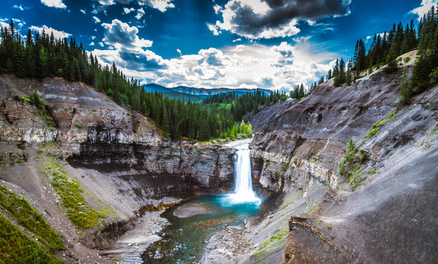 This impressive waterfall can be found just 60 kilometres south of Nordegg, Alberta. 