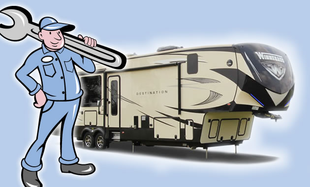 A cartoon RV repairman standing in front of a picture of fifth wheel