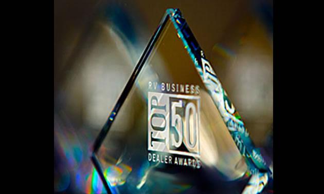 Close-up of RV Business Top 50 Dealer award. 