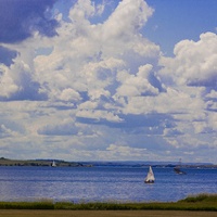 Sailboats on Lake Diefenbaker near Outlook, Saskatchewan. 