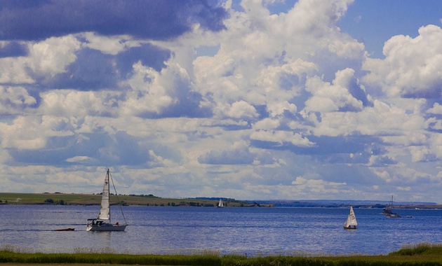 Sailboats on Lake Diefenbaker near Outlook, Saskatchewan. 