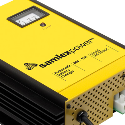 Picture of yellow Samlex battery charger. 