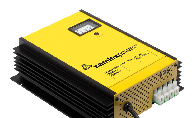 Picture of yellow Samlex battery charger. 