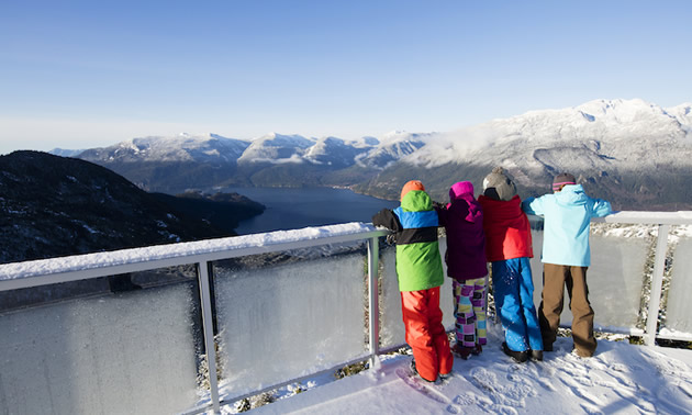 A group of kids standing at summit of mountain looking at view. 
