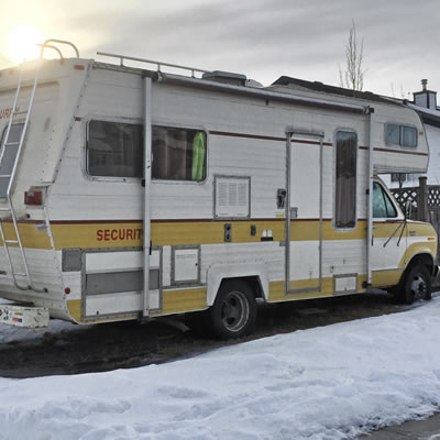 A Security motorhome, spotted in a backyard in Alberta. 