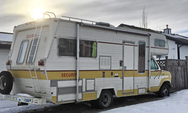 A Security motorhome, spotted in a backyard in Alberta.