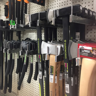 A selection of axes at a hardware store. 