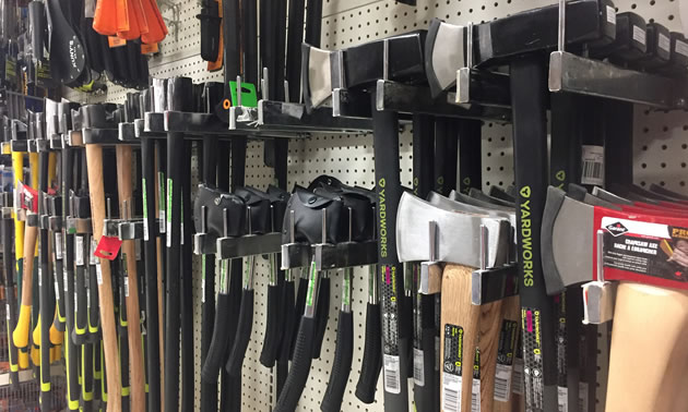 A selection of axes at a hardware store. 