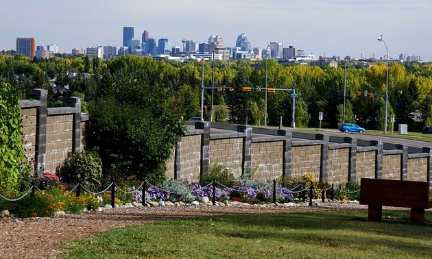 The Botanical Gardens of Silver Springs in Calgary with the city skyline far in the background.