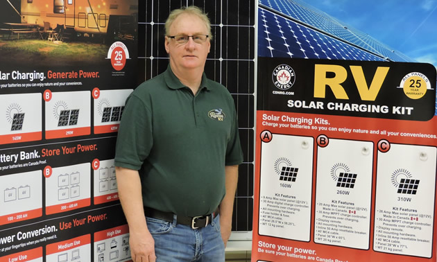 The author is standing in front of an RV solar power display. 
