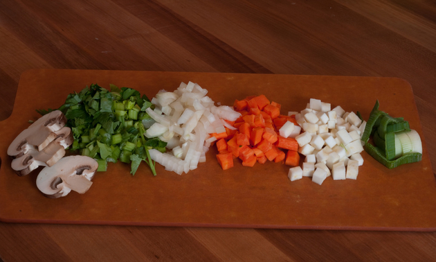 soup ingredients on a cutting board