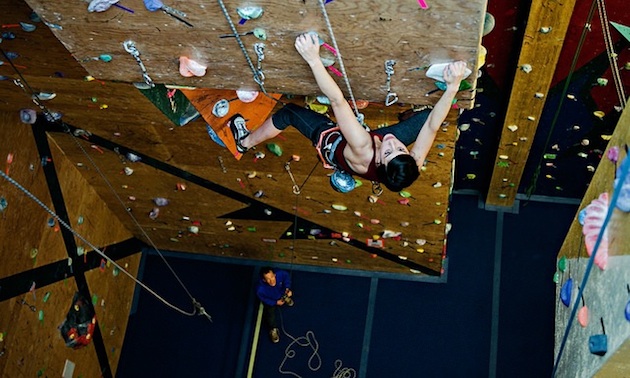 A person on the climbing wall at the Spirit Rock Climbing Center in Kimberley, B.C.