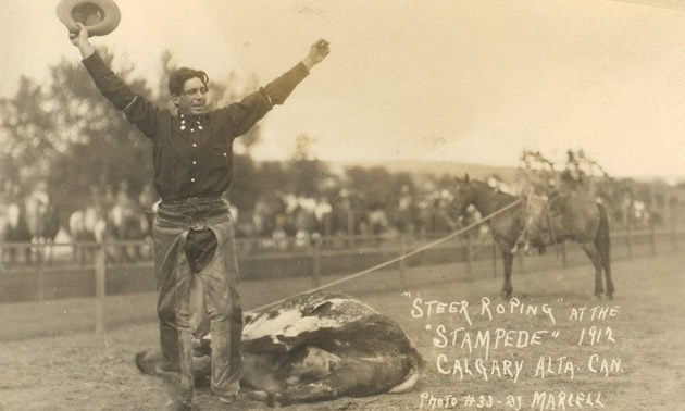 The first Calgary Stampede was all about the rodeo. Here, a steer roper celebrates.
