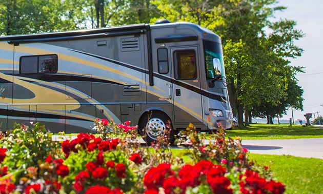 Picture of fifth wheel with red flowers in foreground. 