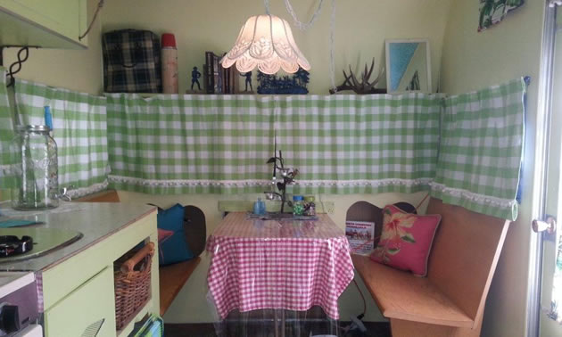 A nice, cozy touch to the interior of Terri Mason's Tee Pee trailer.