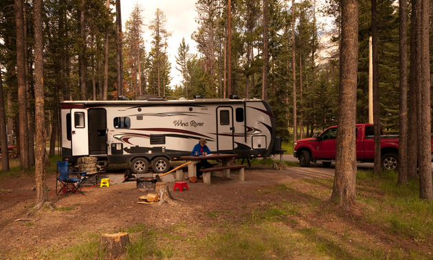 The author's new trailer is much larger, pictured here parked at a campsite in a forest.