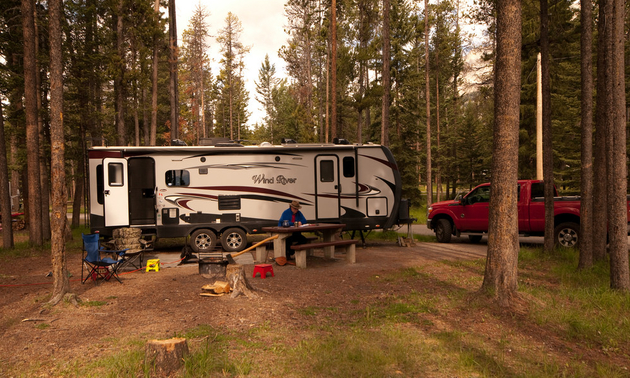 The author's new trailer is much larger, pictured here parked at a campsite in a forest.
