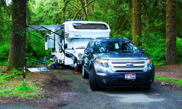 Truck and camper parked in the forest