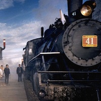 An old steam train stopped at the station Alberta Prairie Railway.