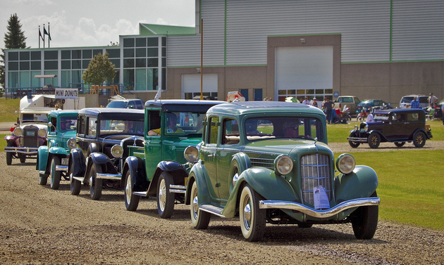 Vintage cars are lined up at the museum in Wetaskiwin, Alberta.