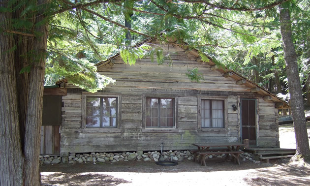 The Vinther-Nelson log cabin at Priest Lake, Idaho, is shaded by cedar trees.