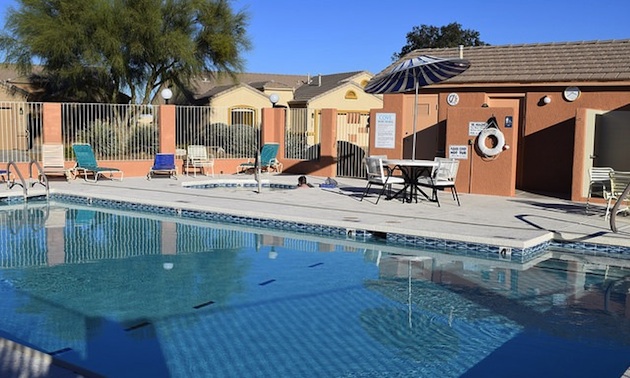 One of three pools on the property.