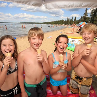 Enjoy an ice cream at nearby Waskesiu, the area's commercial hub, a short hop from Namekus Lake, Saskatchewan.