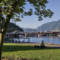 A section of walking path and park along the water in Horseshoe Bay near West Vancouver, BC.