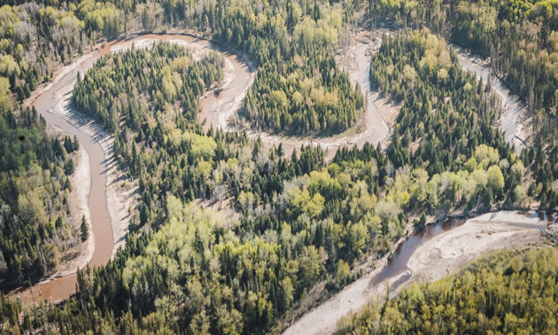 Aerial view of twisting river.