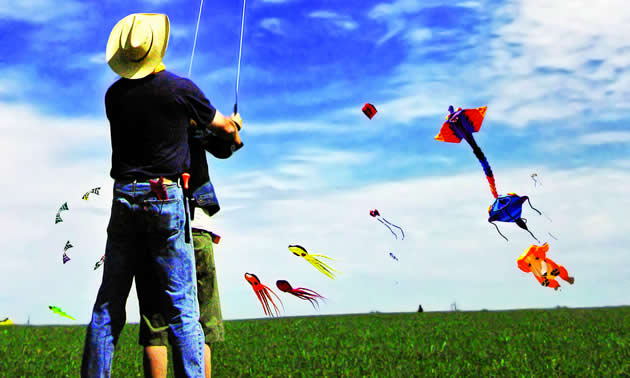 two people flying kites