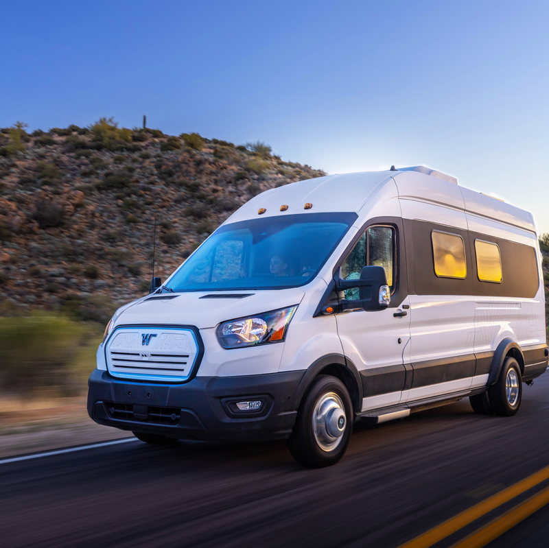 electric Winnebago driving down the road